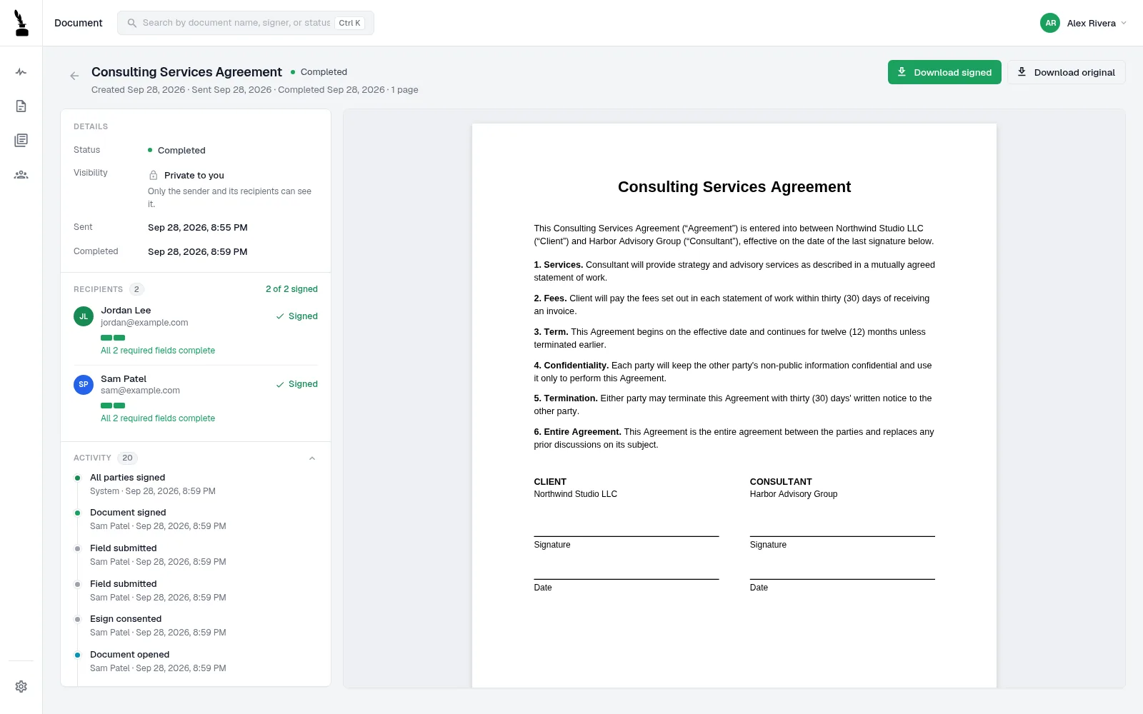 Completed sample document showing both signers signed and the signing-event activity log