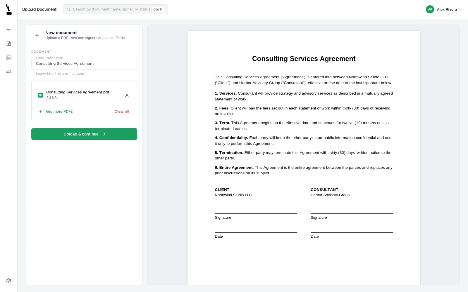 Demand Signatures upload screen with a sample Consulting Services Agreement PDF selected