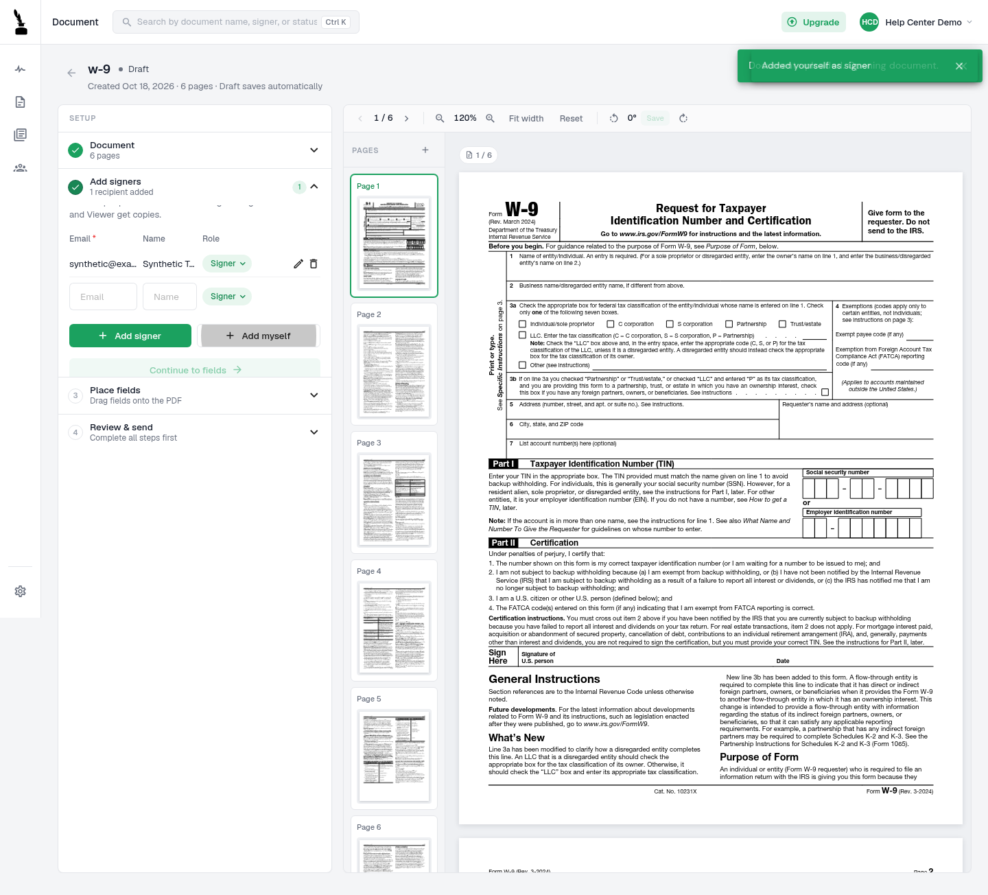 Add signers after adding the synthetic account owner to an unsent draft