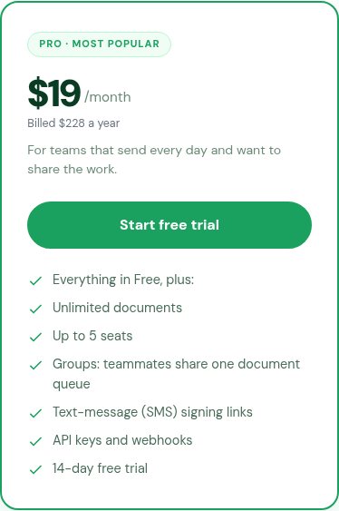Pricing page showing API keys and webhooks under Pro