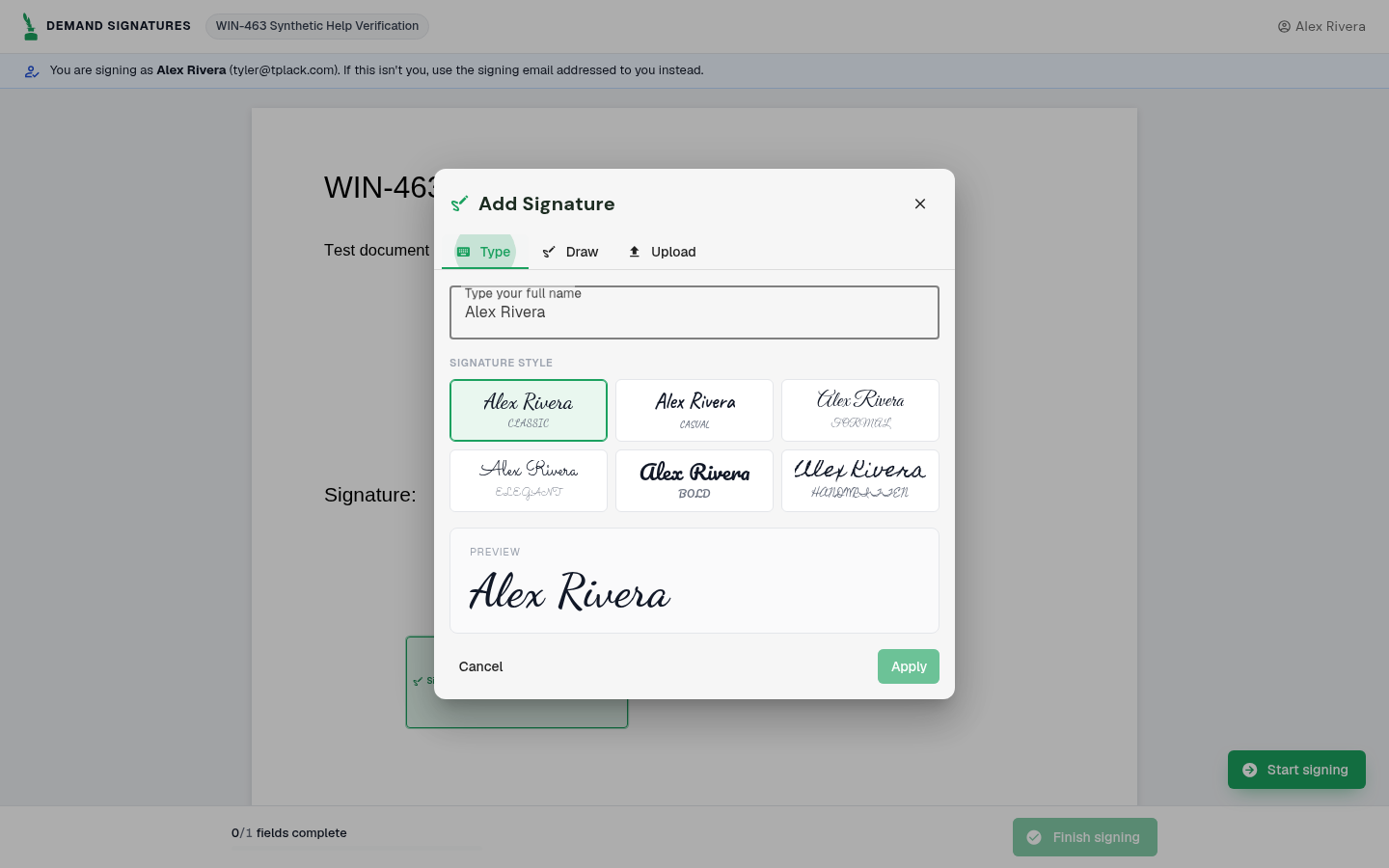 Typed signature dialog on desktop