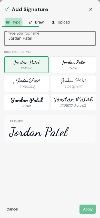 Typed signature dialog on mobile