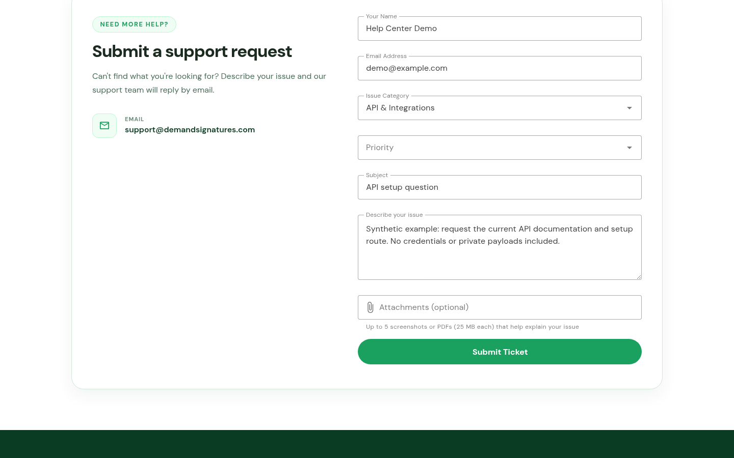 Integration support form with API & Integrations selected