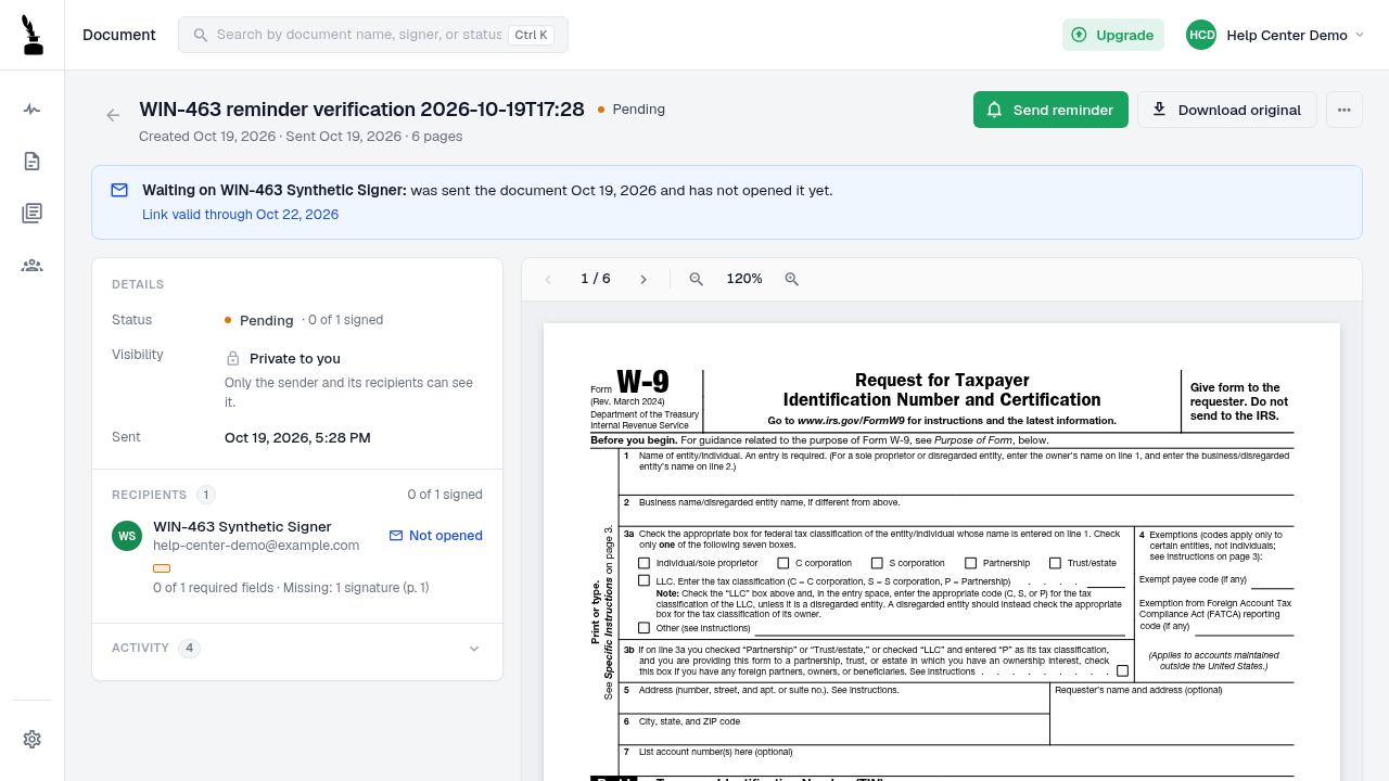 A pending document with its Send reminder button and waiting recipient