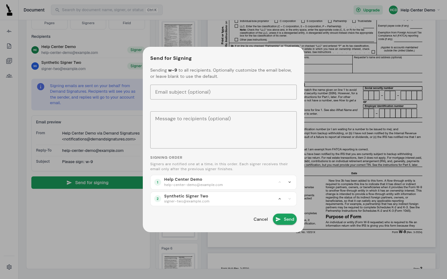 The Send for Signing dialog lists two signers in order with up and down controls.