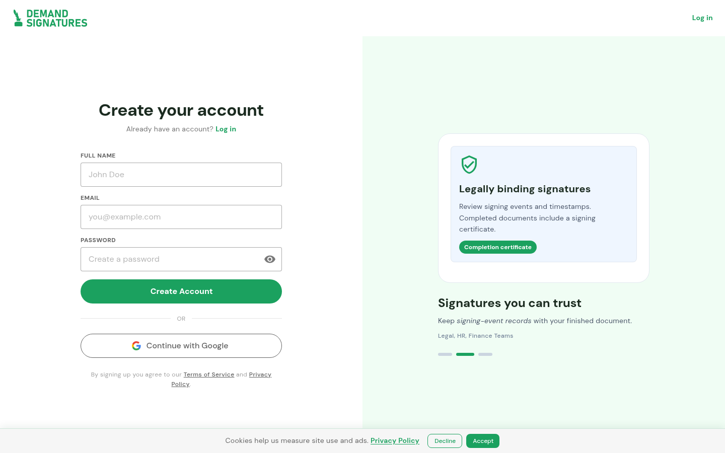 Create your account form with Full Name, Email, Password and Create Account